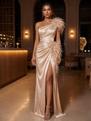 Sheath/Column Evening Dresses Satin One Shoulder Sleeveless Floor Length Dresses with Feather/Back Zipper