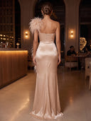 Sheath/Column Evening Dresses Satin One Shoulder Sleeveless Floor Length Dresses with Feather/Back Zipper