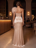Sheath/Column Evening Dresses Satin One Shoulder Sleeveless Floor Length Dresses with Feather/Back Zipper