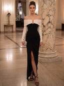 Sheath/Column Evening Dresses Satin Off Shoulder Long Sleeves Floor Length Dresses with Slit/Back Zippe