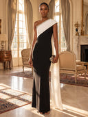 Sheath/Column Evening Dresses Satin One Shoulder Sleeveless Floor Length Dresses with Cape/Back Zippe