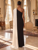 Sheath/Column Evening Dresses Satin One Shoulder Sleeveless Floor Length Dresses with Cape/Back Zippe