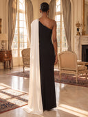 Sheath/Column Evening Dresses Satin One Shoulder Sleeveless Floor Length Dresses with Cape/Back Zippe