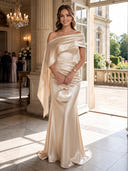 Sheath/Column Evening Dresses Satin Off Shoulder Floor Length Dresses with Cape/Back Zippe