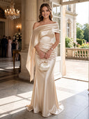 Sheath/Column Evening Dresses Satin Off Shoulder Floor Length Dresses with Cape/Back Zippe