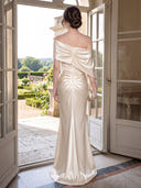 Sheath/Column Evening Dresses Satin Off Shoulder Floor Length Dresses with Cape/Back Zippe