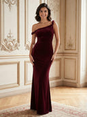Sheath/Column Evening Dresses Velvet One Shoulder Floor Length Dresses Back Zippe