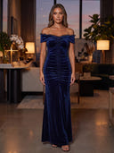 Sheath/Column Evening Dresses Velvet Off Shoulder Floor Length Dresses with Pleats/Back Zippe