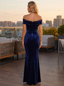 Sheath/Column Evening Dresses Velvet Off Shoulder Floor Length Dresses with Pleats/Back Zippe