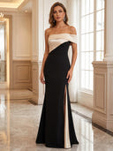 Sheath/Column Evening Dresses Satin Off Shoulder Floor Length Dresses with Slit/Back Zippe