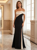 Sheath/Column Evening Dresses Satin Off Shoulder Floor Length Dresses with Slit/Back Zippe
