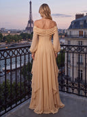 A Line Evening Dresses Off Shoulder Long Sleeves Floor-Length Chiffon Dresses With Tiered Ruffles/Pleats/Back Zipper