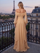 A Line Evening Dresses Off Shoulder Long Sleeves Floor-Length Chiffon Dresses With Tiered Ruffles/Pleats/Back Zipper