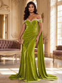 Sheath/Column Evening Dresses Velvet Off Shoulder Floor Length Dresses with Cape/Back Zippe