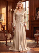Plus Size Sheath/Column Evening Dresses Metallic Satin V Neck Long Sleeves Floor Length Dresses with Pleats/Back Zipper