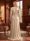 Plus Size Sheath/Column Evening Dresses Metallic Satin V Neck Long Sleeves Floor Length Dresses with Pleats/Back Zipper