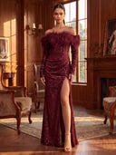 Sheath/Column Evening Dresses with Slit Sequin Off Shoulder Long Sleeves Floor Length Dresses with Peather/Back Zipper