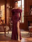 Sheath/Column Evening Dresses with Slit Sequin Off Shoulder Long Sleeves Floor Length Dresses with Peather/Back Zipper