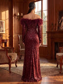 Sheath/Column Evening Dresses with Slit Sequin Off Shoulder Long Sleeves Floor Length Dresses with Peather/Back Zipper