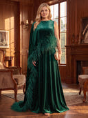 Plus Size A Line Evening Dresses Velvet Crew Neck Cape Sleeves Floor Length Dresses with Peather/Back Zipper