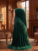 Plus Size A Line Evening Dresses Velvet Crew Neck Cape Sleeves Floor Length Dresses with Peather/Back Zipper