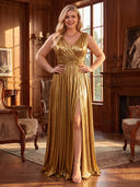 Plus Size A Line Evening Dresses Metallic Satin V Neck Sleeveless Floor Length Dresses Back Zipper