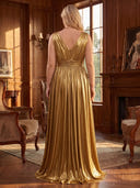 Plus Size A Line Evening Dresses Metallic Satin V Neck Sleeveless Floor Length Dresses Back Zipper