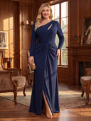 Plus Size Sheath/Column Evening Dresses with Slit Satin Long Sleeves Floor Length Formal Dresses Back Zipper