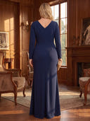 Plus Size Sheath/Column Evening Dresses with Slit Satin Long Sleeves Floor Length Formal Dresses Back Zipper