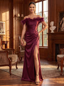 Sheath/Column Evening Dresses with Slit Satin Off Shoulder Floor Length Formal Dresses with Feather Back Zipper