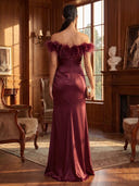 Sheath/Column Evening Dresses with Slit Satin Off Shoulder Floor Length Formal Dresses with Feather Back Zipper