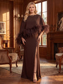 Plus Size Sheath/Column Evening Dresses with Slit Chiffon Floor Length Formal Dresses with Feather Back Zipper