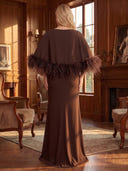 Plus Size Sheath/Column Evening Dresses with Slit Chiffon Floor Length Formal Dresses with Feather Back Zipper