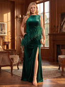 Plus Size Sheath/Column Evening Dresses with Slit Velvet Crew Neck Floor Length Formal Dresses with Feather Back Zipper