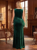 Plus Size Sheath/Column Evening Dresses with Slit Velvet Crew Neck Floor Length Formal Dresses with Feather Back Zipper
