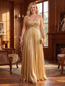 Plus Size A Line Evening Dresses Metallic Satin Strapless Floor Length Formal Dresses Back Zipper