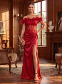 Mermaid Evening Dresses with Slit Satin Off Shoulder Floor Length Formal Dresses Back Zipper