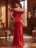 Mermaid Evening Dresses with Slit Satin Off Shoulder Floor Length Formal Dresses Back Zipper