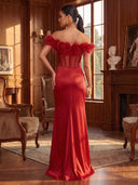 Mermaid Evening Dresses with Slit Satin Off Shoulder Floor Length Formal Dresses Back Zipper