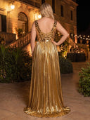 Plus Size Mermaid Evening Dresses with Slit Metallic Satin V Neck Floor Length Formal Dresses Back Zipper