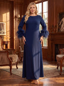 Plus Size Mermaid Evening Dresses Satin Crew Neck Floor Length Formal Dresses with Feather Back Zipper