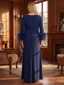 Plus Size Mermaid Evening Dresses Satin Crew Neck Floor Length Formal Dresses with Feather Back Zipper
