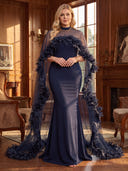 Plus Size Mermaid Satin Evening Dresses Chiffon Cape Floor Length 3D Floral Formal Dresses Back Zipper