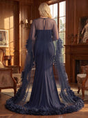 Plus Size Mermaid Satin Evening Dresses Chiffon Cape Floor Length 3D Floral Formal Dresses Back Zipper