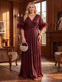 Plus Size A Line Evening Dresses Meatllic Satin Short Sleeves Floor Length Formal Dresses with Feather Back Zipper