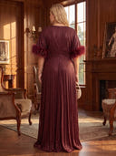 Plus Size A Line Evening Dresses Meatllic Satin Short Sleeves Floor Length Formal Dresses with Feather Back Zipper