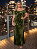 Plus Size Mermaid Evening Dresses Velvet Off Shoulder Floor Length Formal Dresses with Bow Back Zipper