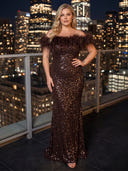Plus Size Mermaid Evening Dresses Sequin Off Shoulder Floor Length Formal Dresses with Feather Back Zipper