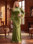 Plus Size Mermaid Evening Dresses Velvet High Neck Floor Length Long Sleeves Formal Dresses with Feather Back Zipper