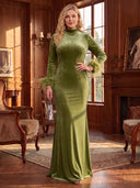 Plus Size Mermaid Evening Dresses Velvet High Neck Floor Length Long Sleeves Formal Dresses with Feather Back Zipper